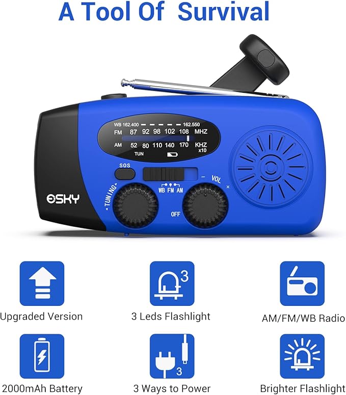 Esky Emergency Hand Crank Radio with 3 LED Flashlight, AM/FM/NOAA Portable Weather Radio with 2000mAh Rechargeable Battery, Solar Powered USB Charged Radio for Indoor Outdoor Camping, Blue