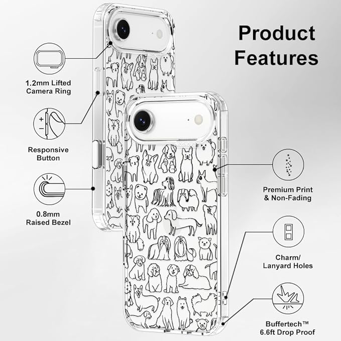 MOSNOVO for iPhone Air Case | Military Grade 6.6ft Drop Tested | Camera Control | Clear with Doodle Dog Design