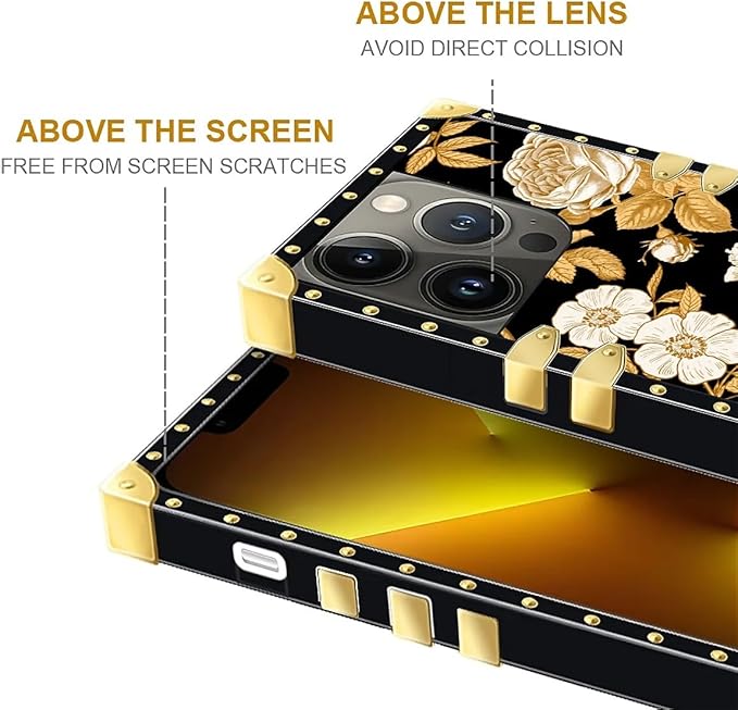 Compatible with iPhone 13 Pro Max Case, Blooming Rose Golden Flower Luxury Golden Decoration for Girl Women Soft TPU Shockproof Protective Hard PC Back for iPhone 13 Pro Max