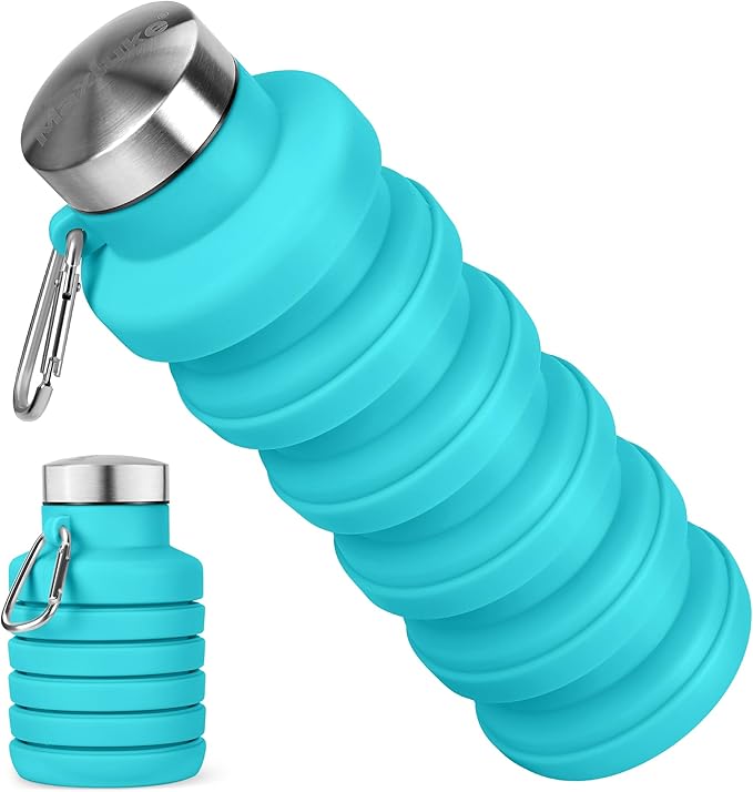 Collapsible Water Bottle, 16oz Portable Reusable Silicone Water Bottle, BPA-Free Leak-Proof Foldable Design with Carabiner, Lightweight Durable for Gym, Travel, Camping, Hiking, Sports, Blue