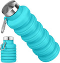 Collapsible Water Bottle, 16oz Portable Reusable Silicone Water Bottle, BPA-Free Leak-Proof Foldable Design with Carabiner, Lightweight Durable for Gym, Travel, Camping, Hiking, Sports, Blue