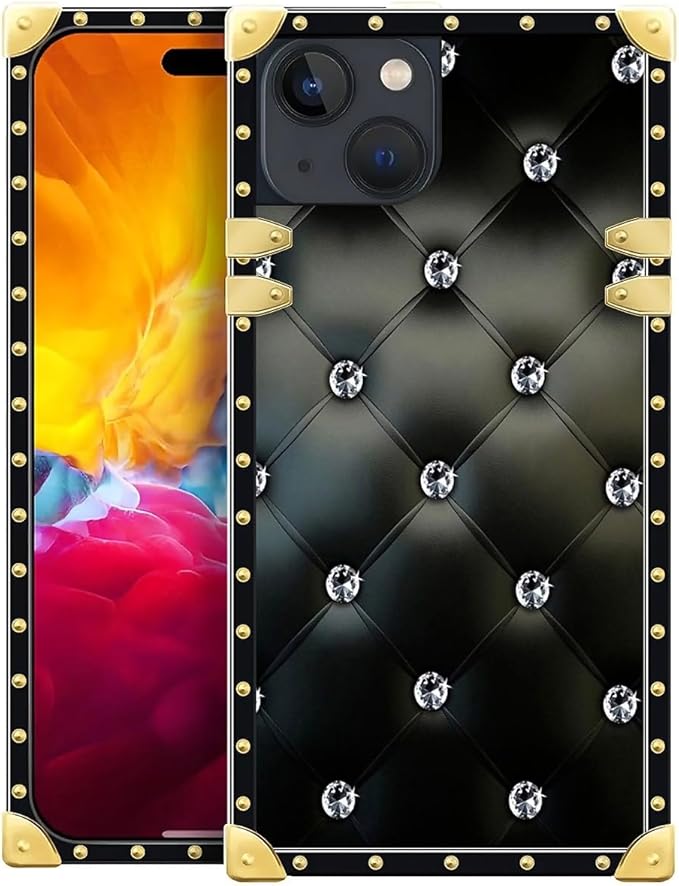 Compatible with iPhone 15 Case, Shiny Black Sofa Crystal Luxury Golden Decoration for Girl Women Soft TPU Shockproof Protective Hard PC Back for iPhone 15