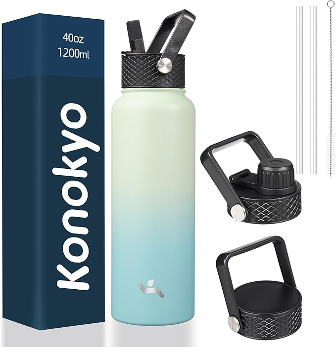 Konokyo 40oz Insulated Water Bottle Stainless Steel Sport Bottles with 3 Lids,Mint