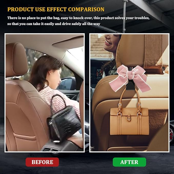 4PCS Car Hooks for Purses and Bags, Cute Bow Car Seat Headrest Hook, Car Accessories Multipurpose Portable Back Seat Hanger Storage Organize Universal Fit for Most Vehicles (4PCS-Pink Bowknot)