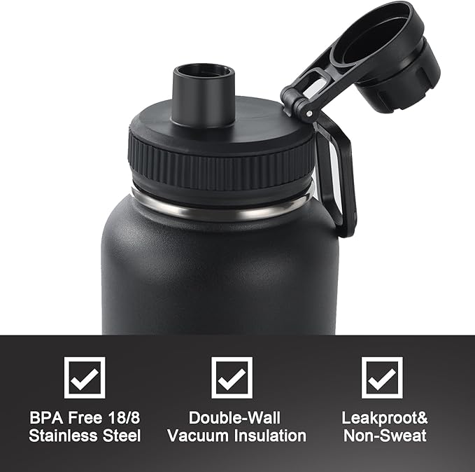 Navigate 32 oz Insulated Stainless Steel Sports Water Bottle with Spout & Handle Lids,Wide Mouth Water Jug with Double Walled Leak Proof Keep Cold for 24 Hrs Hot for 12 Hrs,Black