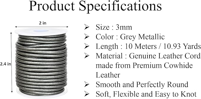 GENIQUE Real/Genuine Round Leather String Cord for Necklace, Bracelets, Jewelry, Kumihimo Braiding, DIY Projects (10 Metres) (3mm, Grey Metallic)