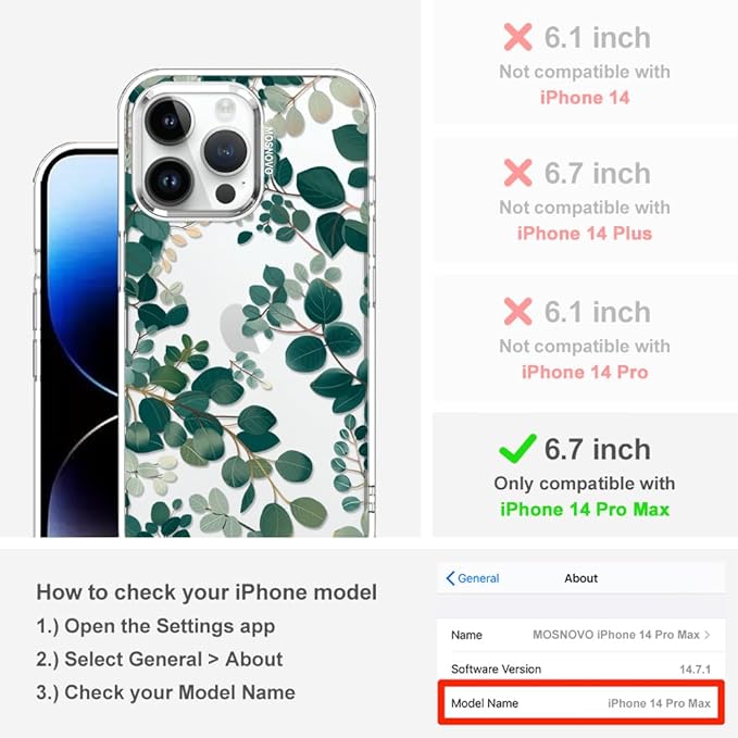 MOSNOVO Case for iPhone 14 Pro Max, [Buffertech 6.6ft Military-Grade Drop Protection] [Anti Peel Off Tech] Clear TPU Bumper Phone Case Cover Design - Eucalyptus