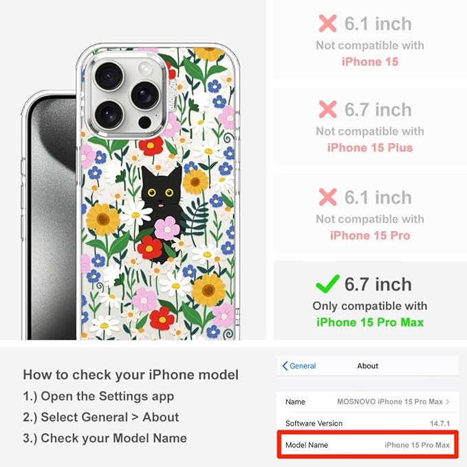 MOSNOVO Case for iPhone 15 Pro Max, [Buffertech 6.6ft Military-Grade Drop Protection] [Anti Peel Off Tech] Clear TPU Bumper Phone Case Cover Design - Black Cat in Garden