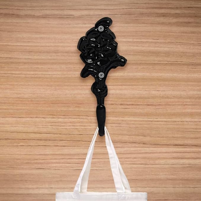 FAPBADRI Multipurpose Hooks, Used to Hang Clothes, Bags, Coats, Curtain Hold Backs, Keys, Colour - Matt Black, Material - Brass, Flower Design, Screws and Wallplugs Included, Pack of 4 Pieces