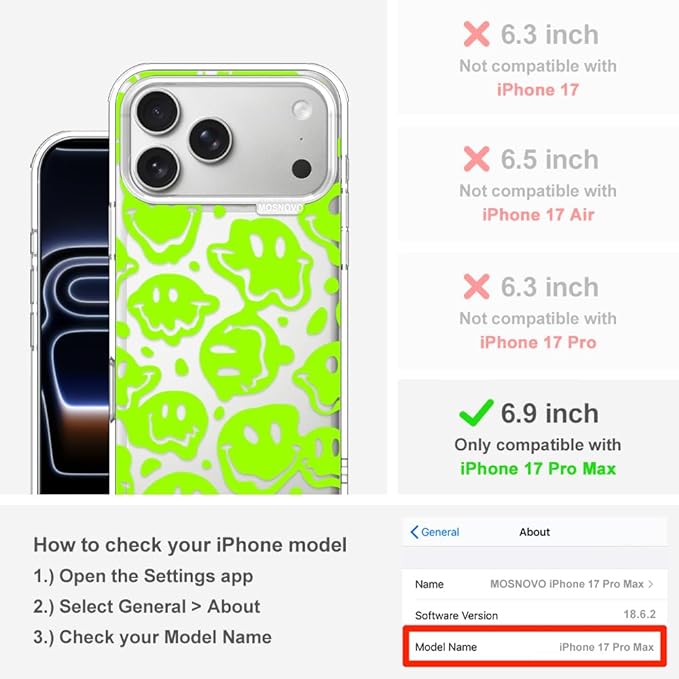 MOSNOVO for iPhone 17 Pro Max Case | Military Grade 6.6ft Drop Tested | Camera Control | Clear with Distorted Green Smiles Face Design