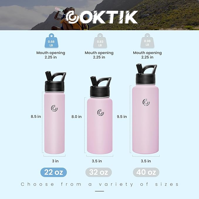 COKTIK 22oz Sports Water Bottle, Stainless Steel Water Bottle for Insulated, Reusable Travel Bottle, With Straw, With Handle Grip for Easy Carrying, Suitable for Cycling, Outdoor Vacations(Blush)