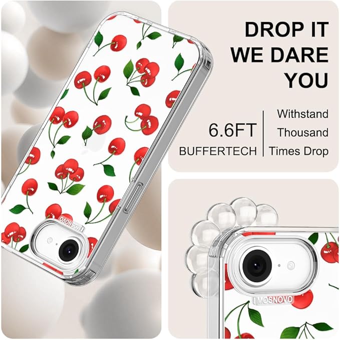 MOSNOVO for iPhone 17e Case/iPhone 16e Case, Shockproof Military-Grade Protection 6.6ft Drop Tested, Clear Phone Case for iPhone 16e / iPhone 17e, Cute Cherry Design