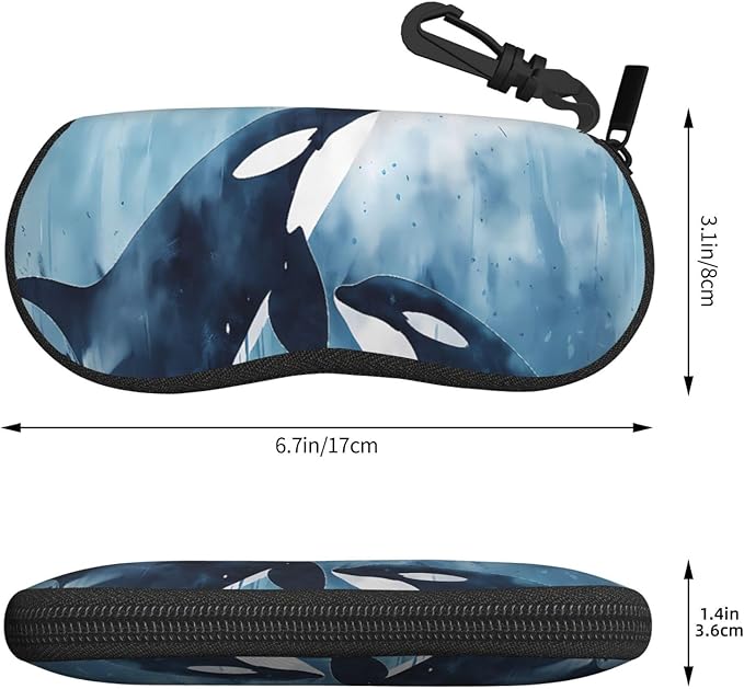 Watercolor Orca Whale Glasses Case Neoprene Portable Zipper Eyeglass Bag With Hook