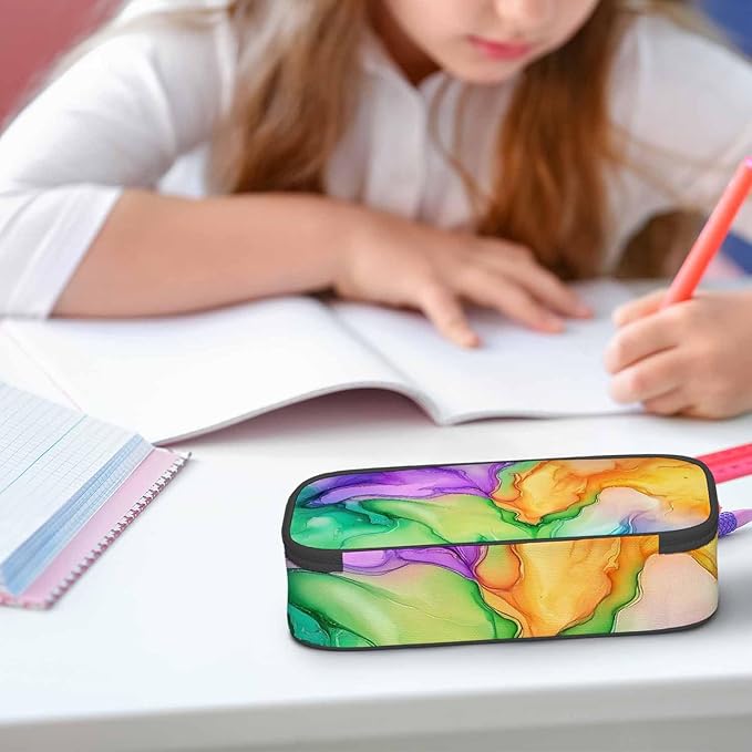 Abstract Print Pencil Case Colorful Fluid Waves Golden Swirls Pencil Bag Pouch Box Organizer for College School Students Boy Girl