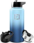 IRON °FLASK Camping & Hiking Hydration Flask with Straw, Wide Mouth Insulated Stainless Steel Sports Water Bottle - 32 oz Blue Waves