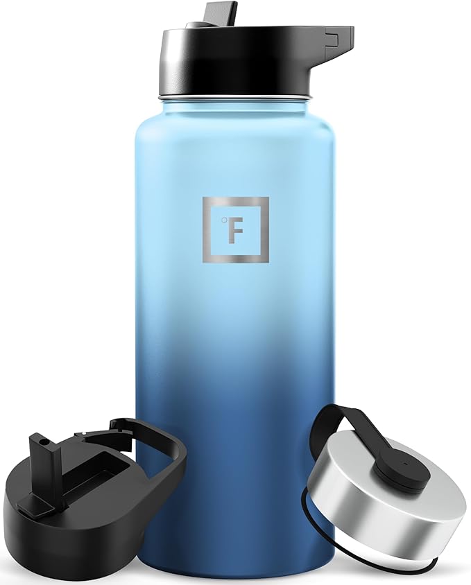 IRON °FLASK Camping & Hiking Hydration Flask with Straw, Wide Mouth Insulated Stainless Steel Sports Water Bottle - 32 oz Blue Waves