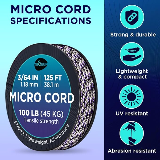 TECEUM Micro Paracord – 1.18 mm X 125 ft – Micro Utility Cord – Thin Braided Paracord Rope – Best for Crafting, DIY Projects, Fishing, Camping – Wind Chime Replacement – Survival Strong String