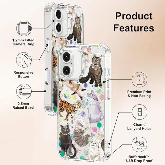 MOSNOVO Case for iPhone 16 Plus, [Buffertech 6.6ft Military-Grade Drop Protection] [Anti Peel Off Tech] Clear TPU Bumper Phone Case Cover Design - Space Cat