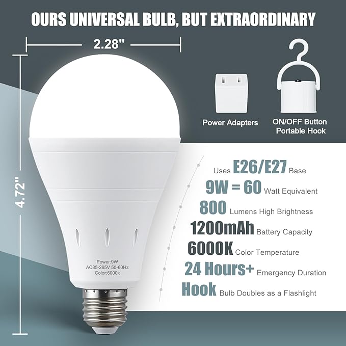 10Pack Rechargeable Emergency Light Bulb, A19 9W Daylight 6000K Self-Charging LED Light Bulb,1200mAh Battery Backup Light Bulbs for Daily,Home Emergency,Outdoor Portable Use