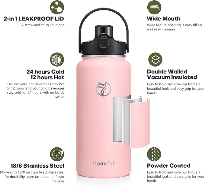 64oz Half Gallon Insulated Water Bottle with 2-in-1 Lid (Chug & Straw), Double Walled Vacuum Stainless Steel Water Bottles, Wide Mouth Leakproof Insulated Jug with Straw