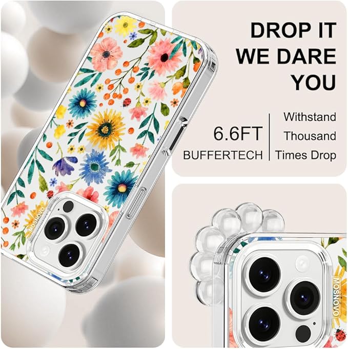 MOSNOVO for iPhone 16 Pro Case, Shockproof Military-Grade Protection 6.6ft Drop Tested, Clear Phone Case for iPhone 16 Pro, Wildflower Bloom Design