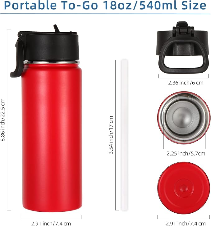 Volhoply 18oz Kids Insulated Water Bottle,Stainless Steel Water Bottles with Straw Lid,Wide Mouth Reusable Metal Water Bottle,Double Wall Vacuum Sports Travel Flask For Cold Drink(Red,1 Set)