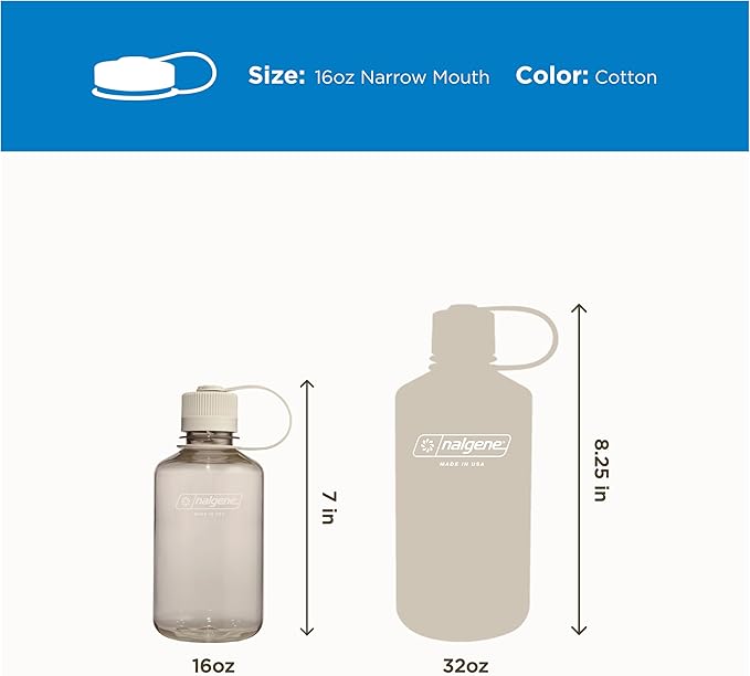 Nalgene 16 oz Narrow Mouth Water Bottle | BPA-Free, Durable & Leak Proof, Lightweight Travel Bottle, Fits in Cupholders, Cotton
