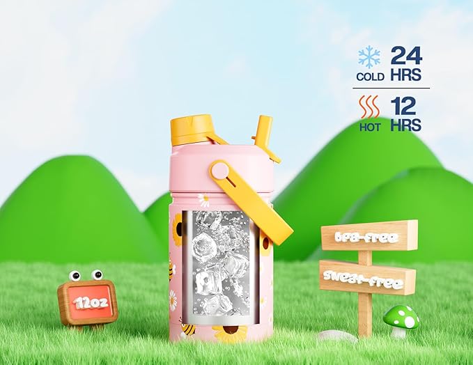 12 oz Kids Metal Water Bottle for School: Leakproof, Insulated Cup with Dual Straw Spout Lid, BPA-Free, Car Cupholder Friendly, 24H Cold for Camping, Sports, Birthday Gift for Girs (Bee the Sunshine)