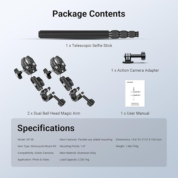 NEEWER Motorcycle Mount Accessories Kit Compatible with GoPro Insta360 DJI, Bike Tail Handlebar Invisible Selfie Stick Double Clamp Holder with Action Camera Adapter for POV Video Recording, GP-30