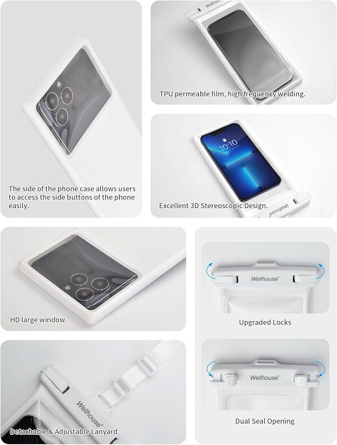 wellhouse Waterproof Phone Pouch, Waterproof Phone Case for iPhone 17 16 15 14 13 Pro Max XS Samsung, IPX8 3D Cellphone Dry Bag Beach Essentials (1 Pack - White8.0, 8 inch)