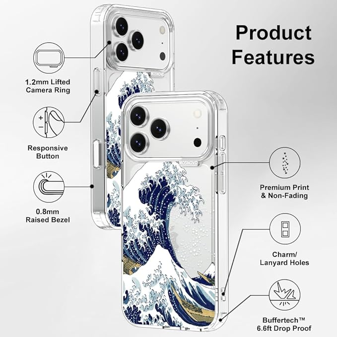 MOSNOVO for iPhone 17 Pro Max Case | Military Grade 6.6ft Drop Tested | Camera Control | Clear with Great Wave Design