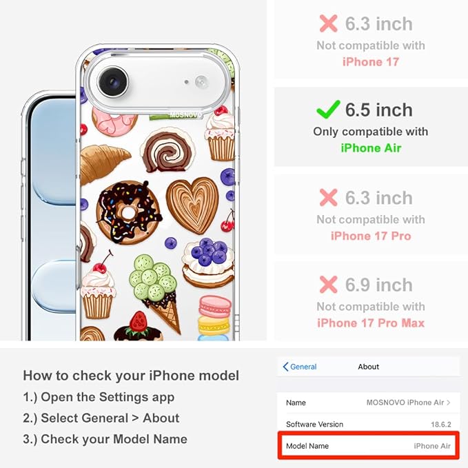 MOSNOVO for iPhone Air Case, Shockproof Military-Grade Protection 6.6ft Drop Tested, Camera Control, Clear Phone Case for iPhone 17 Air, Sweet Treats Design