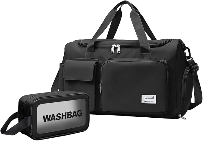 Suruid Gym Bag for Women Men, Travel Duffle Bag Large Capacity Carry On Weekender Bag With Shoe Compartment Gym Tote Dry Wet Separation Duffel Bag with Makeup Bag, Black
