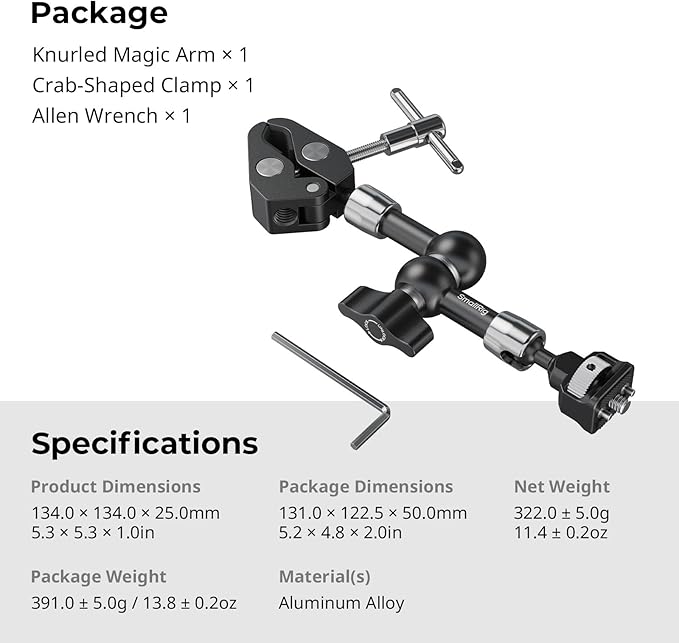 SMALLRIG 7 Inch Magic Arm with Crab-Shaped Clamp, Arm with 1/4"-20 Screw and Retractable Pins, for Action Cameras, Monitors, Video Lights, and Microphones - 5310