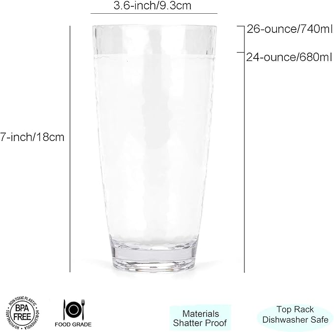 KOXIN-KARLU Hammered 26-ounce Plastic Tumbler Acrylic Glasses Drinking Cups, set of 8 Clear