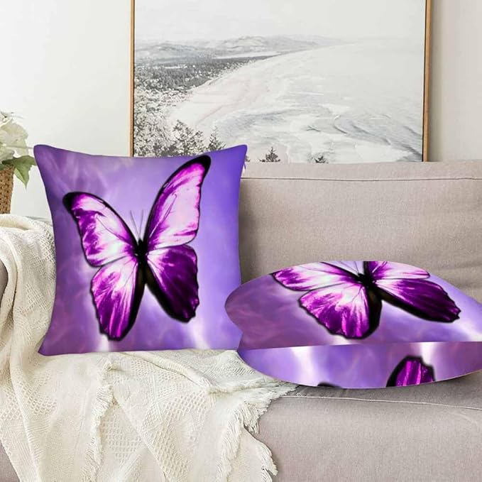 Purple Butterfly Couch Pillow Covers 18 X 18 Vibrant Magical Nature Insect Set of 2 Pillowcases Square Velvet Outdoor Cushion Pillow Cases Decorative for Home Bed Sofa Couch Hotel