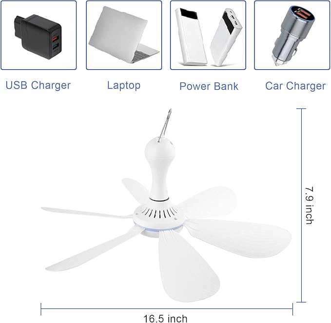 Silent USB Powered Ceiling Fan with Remote Control Timing 4 Speed, Quiet Small DC Plug in Ceiling Fan Hanging Fan for Camping Bed RV Tent Canopy Room