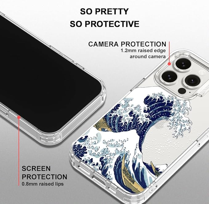 MOSNOVO Case for iPhone 15 Pro, [Buffertech 6.6ft Military-Grade Drop Protection] [Anti Peel Off Tech] Clear TPU Bumper Phone Case Cover Design - Great Wave