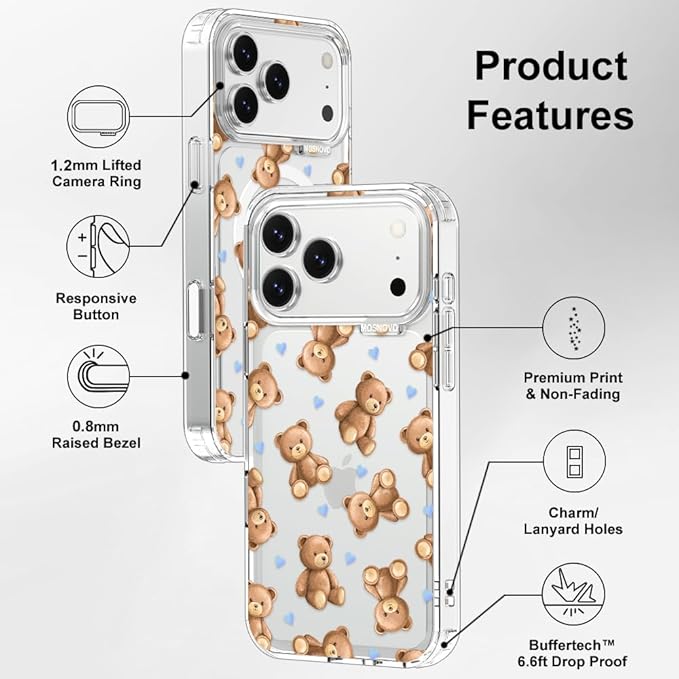 MOSNOVO for iPhone 17 Pro Max Case, Shockproof Military-Grade Protection 6.6ft Drop Tested, Camera Control, Clear Phone Case for iPhone 17 Pro Max, Teddy Mood Design