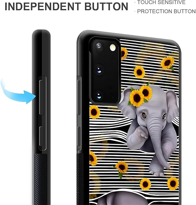for Samsung Galaxy S20 Case, Cute Little Elephant Sunflower White Line Art Pattern Graphic Design Girl Boy Soft Silicone Hard Acrylic Shock Protection for Samsung Galaxy S20