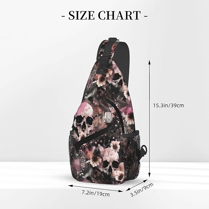 Flowers And Skulls Sling Bag For Women Men Halloween Backpack Crossbody Skull Shoulder Bag Sling Backpack Chest Bag Travel Hiking Casual Sport Daypack