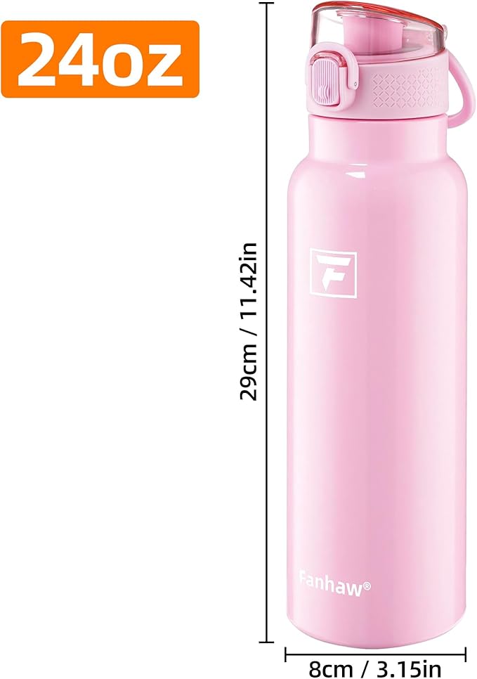 Fanhaw Daylite Series 24 oz Stainless Steel Insulated Water Bottle with Silicone Spout Lid, Double-Wall Vacuum Leakproof Metal Bottle, Anniversary Birthday Gift for Kids, Women & Men (Pink)
