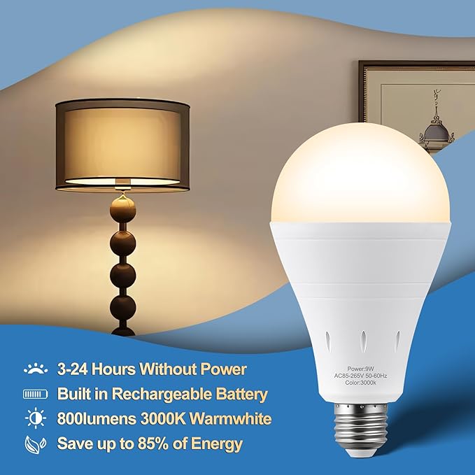 6 Pack Rechargeable Emergency Lights Blubs,Battery Powered Light Bulb 9W 60W Equivalent Backup Light Bulb with Portable Hook，4Pack WhiteLight Bulbs + 2Pack WarmLight Bulbs