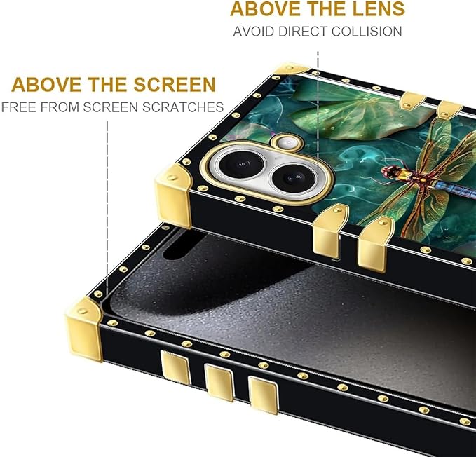 for iPhone 17 Case Luxury Golden Decoration for Girl Women Soft TPU Shockproof Protective Hard PC Back for iPhone 17 Crazy Pattern Colourful Dragonfly Pink Lily Pads