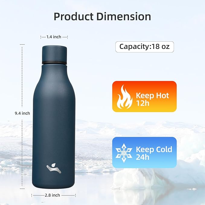 Konokyo Insulated Water Bottle with Strap,18 oz Double Wall Stainless Steel Vacuum Bottles Metal Water Flask,Navy Blue