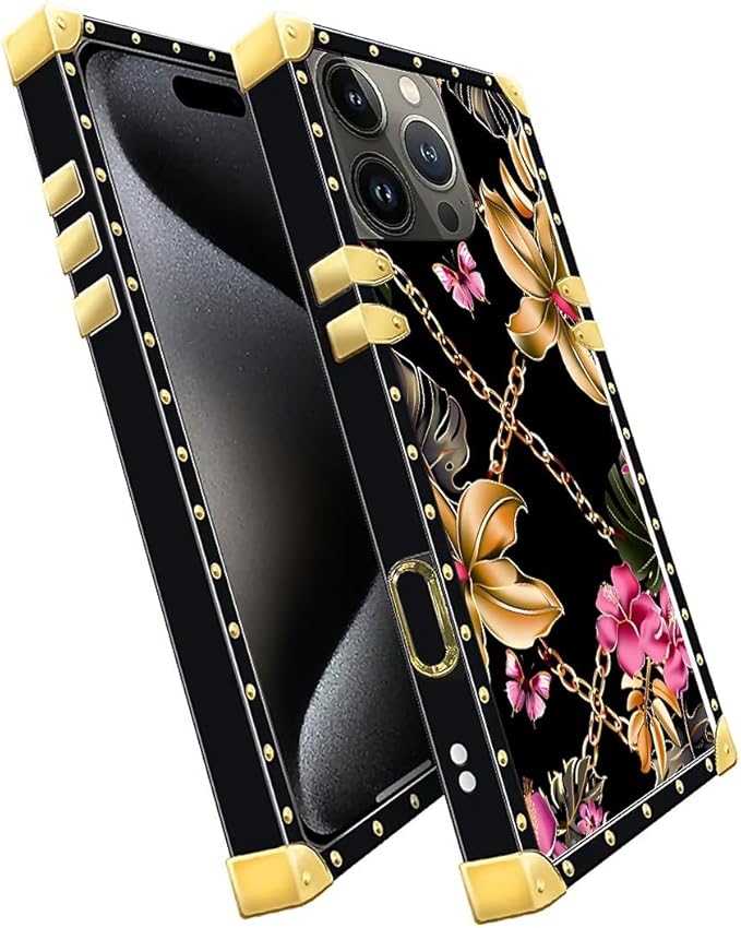 Compatible with iPhone 16 Pro Case, Pink Golden Chain Tropical Flower Luxury Golden Decoration for Girl Women Soft TPU Shockproof Protective Hard PC Back