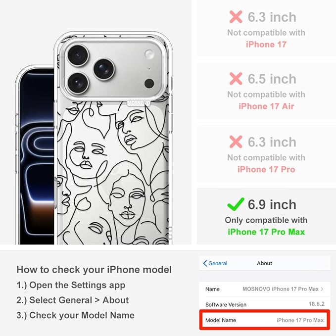 MOSNOVO for iPhone 17 Pro Max Case | Military Grade 6.6ft Drop Tested | Camera Control | Clear with Abstract Face Line Art Design