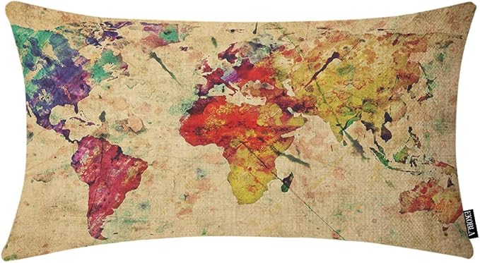EKOBLA Watercolor World Map Lumbar Pillow Cases Vintage Global Stain Graphic Decorative Throw Pillow Cover Rectangle Cushion Covers Cotton Linen 12x20 Inch for Men Women