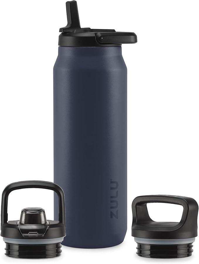 ZULU Base 40oz Stainless Steel Water Bottle with 3 Lids- Straw, Chug, Twist | Double Walled and Vacuum Insulated Metal Thermos | For Gym, Outdoor | Built in Carry Loop, Dishwasher Safe, Navy
