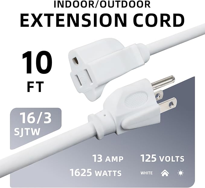 EP 10 Ft Outdoor Extension Cord - 16/3 SJTW White Electrical Cable with 3 Prong Grounded Plug
